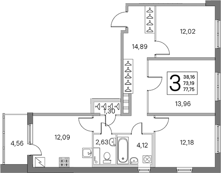 3-комнатная квартира 73.19 м², 2/5 эт., ЖК «ЮгТаун. Олимпийские кварталы»